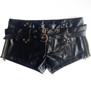Edgy Black Leather Shorts with Double Belt